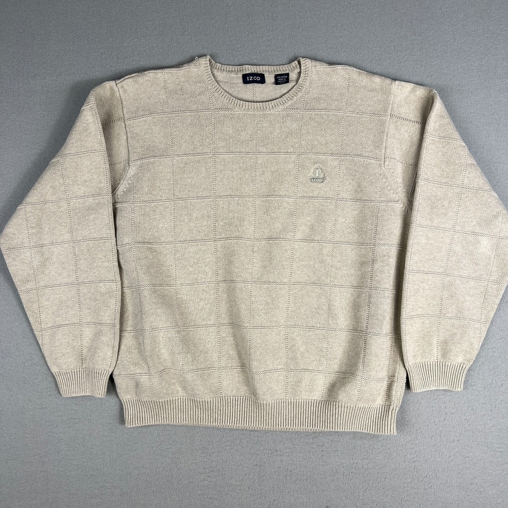 VTG Izod Crewneck Sweater Mens L Beige Textured Grid Knit Classic 1990s Preppy